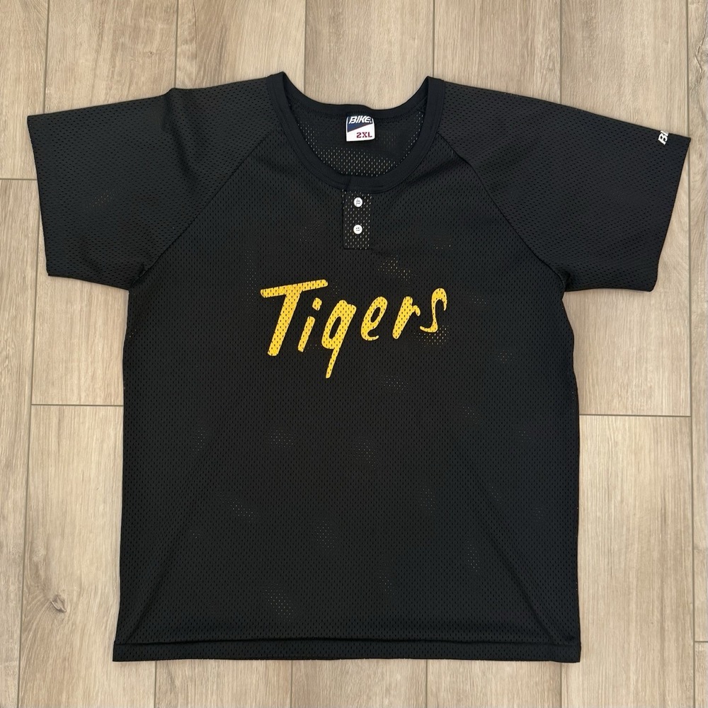 Vintage 90s Bike Tigers Black Mesh Jersey Men's Size 2XL Button Up Henley VTG